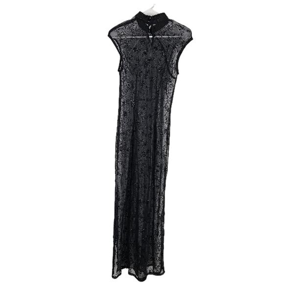 Vintage y2k Dress Black Velvet Glitter Sheer Floral Embroidered Maxi Size 8P - Picture 2 of 6